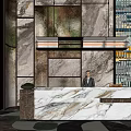 Modern Hotel Lobby Interior With Marble Reception Desk Pendant Chandelier And Decorative Wall