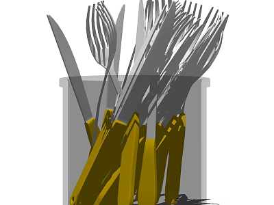 Essential Kitchen Utensils in Storage Container with Knives Forks and Yellow Handles 3d model