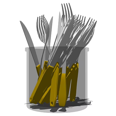 Essential Kitchen Utensils in Storage Container with Knives Forks and Yellow Handles 3d model