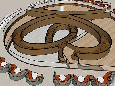 Wooden Spiral Staircase With Multi Level Curved Structure White Railings And Wooden Flooring 3d model