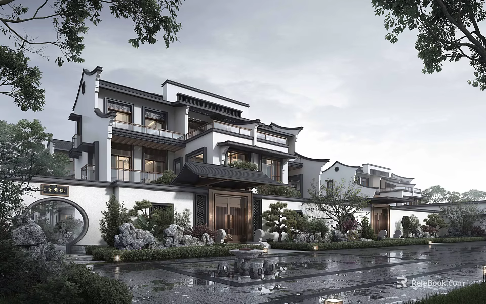 Chinese Style Townhouses Featuring White Walls Black Tiles Overhanging Eaves and Courtyard Greenery 3d model 