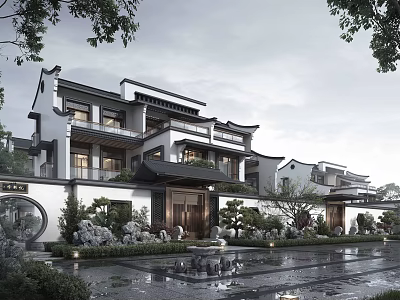Chinese Style Townhouses Featuring White Walls Black Tiles Overhanging Eaves and Courtyard Greenery 3d model