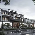 Chinese Style Townhouses Featuring White Walls Black Tiles Overhanging Eaves and Courtyard Greenery