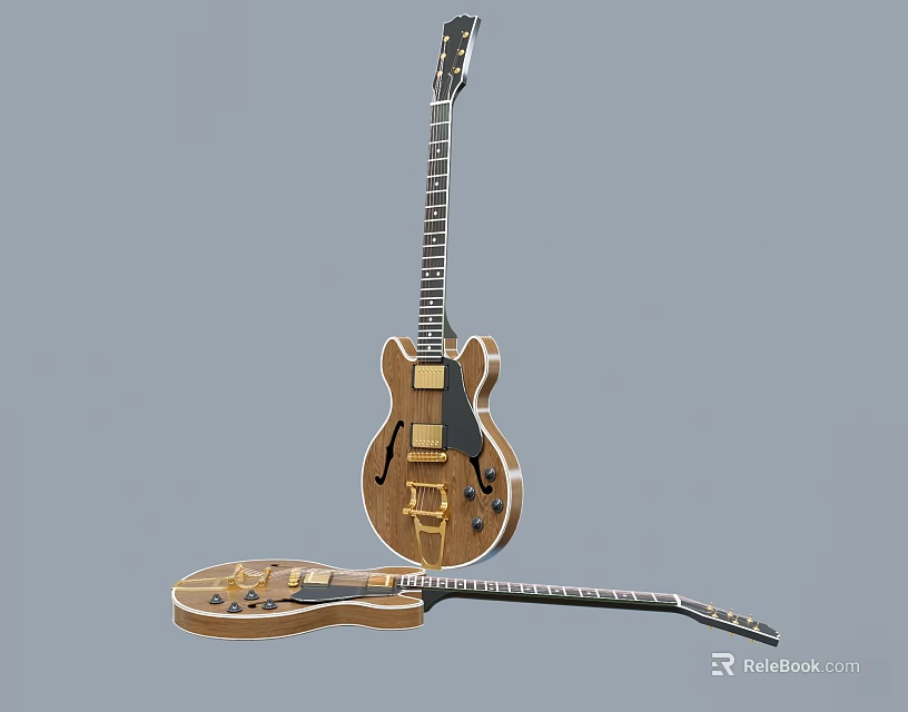Wooden Musical Instruments And Art Supplies With Acoustic Guitars In Different Positions 3d model 