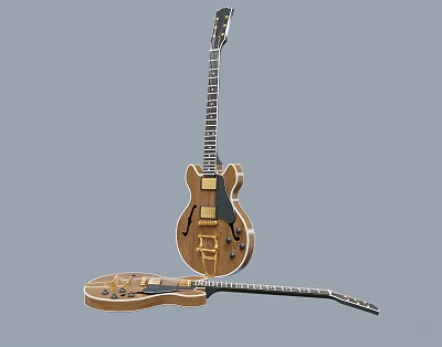 Wooden Musical Instruments And Art Supplies With Acoustic Guitars In Different Positions 3d model