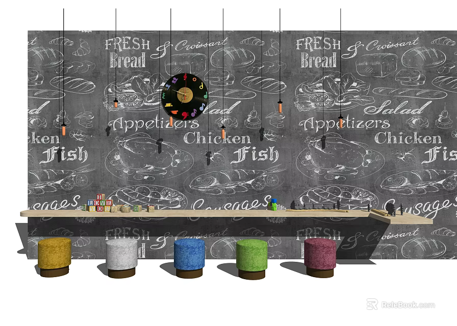 Stylish Bar Counter With Chalkboard Wall Fresh Bread Chicken Appetizers And Colorful Stools 3d model 
