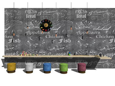 Stylish Bar Counter With Chalkboard Wall Fresh Bread Chicken Appetizers And Colorful Stools 3d model