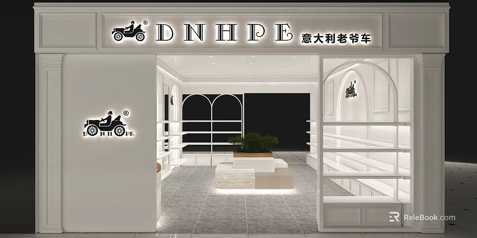 DNHPE Italian Vintage Car Store With White Shelves Arch Design And Green Plants 3d model 