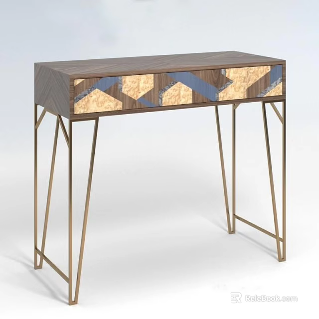 Decorative Console Table With Wooden Top Geometric Pattern Drawers And Metal Legs 3d model 