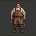 3D Fat Man Character In Suspenders White Shirt With Tool Belt Guns And Gray Background