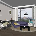 Modern Home Office Interior Design With Purple Sofa Round Rug Large Window And City View