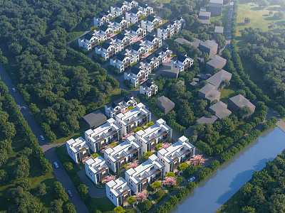 Modern Residential Villa Community With Well Arranged Buildings Lush Green Trees And River 3d model