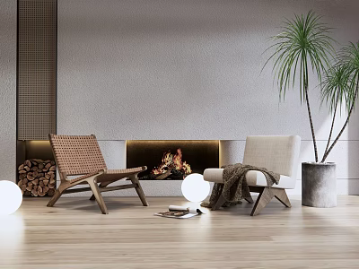 Cozy Accent Chairs By Fireplace With Wooden Floor Round Lamp And Tall Plant 3d model