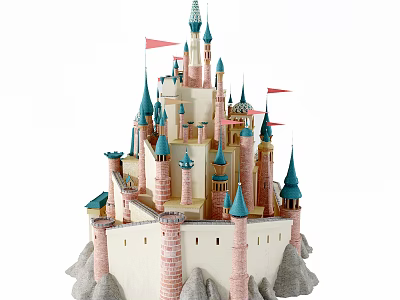 Fairy Tale Castle Model With Pink Towers Blue Spires And Red Flags 3d model