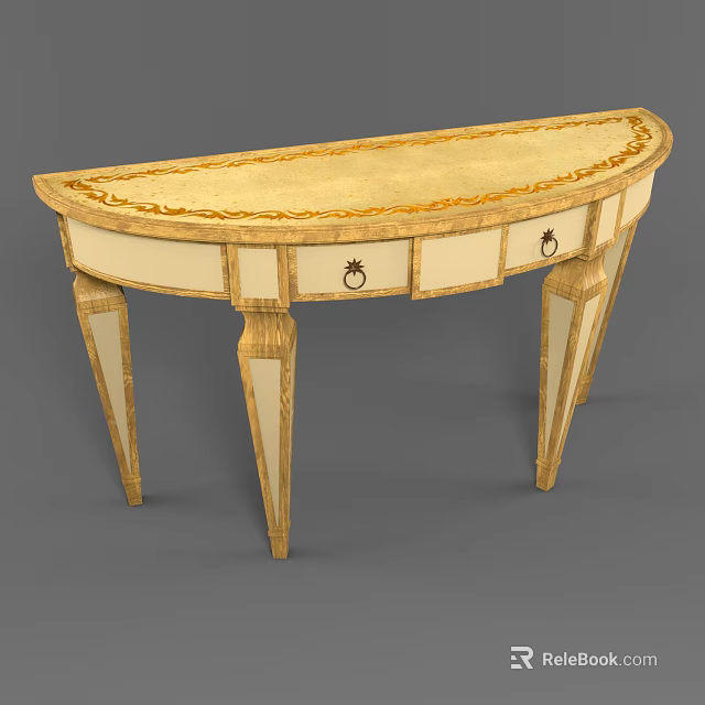 Elegant Gilded Demilune Console Table With Two Decorative Drawers For Classic Luxury Entryway Furnishing 3d model 
