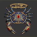 Blue And Gold Decorative Crab Figurine With Red Gemstones And Gold Circular Gemini Symbol