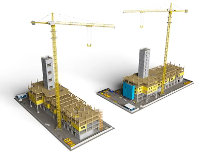 Construction Site With Yellow Tower Cranes And Under Construction Building Frames 3d model