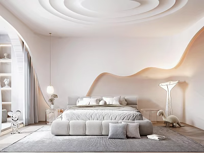 Modern Bedroom Interior Design With Unique Ceiling Bed Rug And Decorative Lighting 3d model
