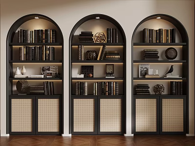 Elegant Arched Black Bookshelves Interior With Woven Doors And Decor Items 3d model