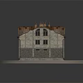 Vintage Stone Building Model With Multiple Gabled Roofs Arched Doors And Windows