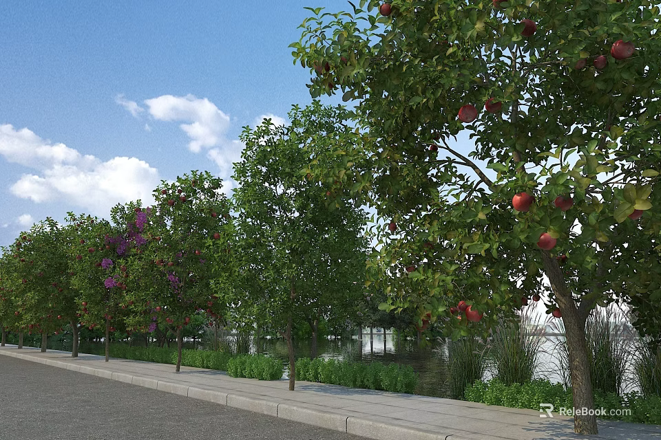 Garden Landscape With Varied Trees Red Fruits Purple Flowers Roadside Water Area And Blue Sky 3d model 