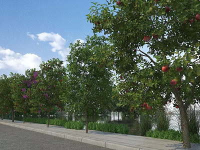 Garden Landscape With Varied Trees Red Fruits Purple Flowers Roadside Water Area And Blue Sky 3d model