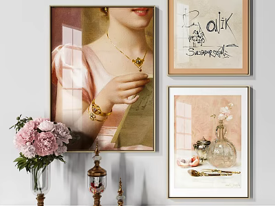 Stylish Home Interior Featuring Wall Art Portrait Still Life Paintings And Floral Arrangement 3d model