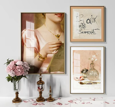 Stylish Home Interior Featuring Wall Art Portrait Still Life Paintings And Floral Arrangement 3d model