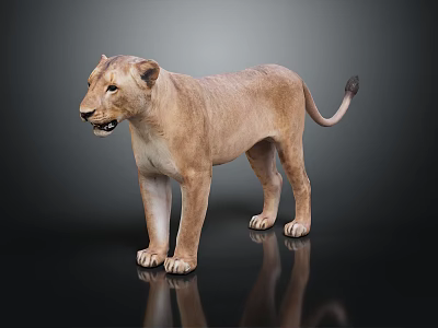 Lioness Standing With Light Brown Smooth Fur Against Dark Background And Reflection On Shiny Surface 3d model
