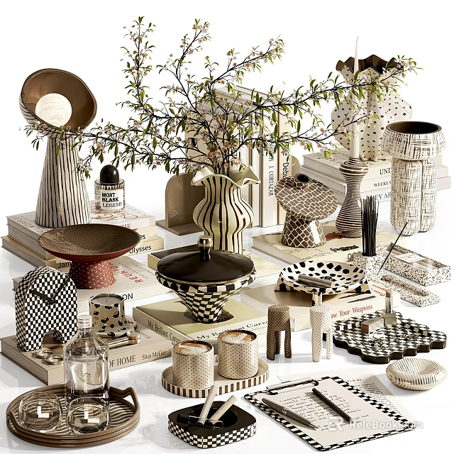 Modern Artistic Decorative Ornament Set With Ceramic Vases Bowls And Geometric Patterns 3d model 