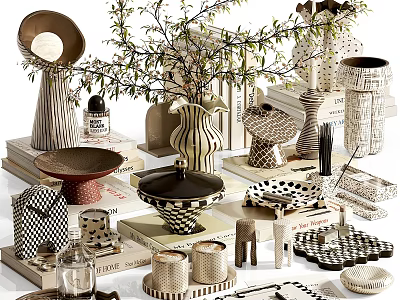 Modern Artistic Decorative Ornament Set With Ceramic Vases Bowls And Geometric Patterns 3d model