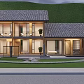 Modern Boutique Guesthouse Building With Stone Wooden Large Glass Windows Balcony Plants Lawn Stone Path