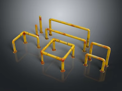 Yellow Pipe Shaped Lighting Combination with Various Shapes Rustic Marks and Reflections on Black Surface 3d model