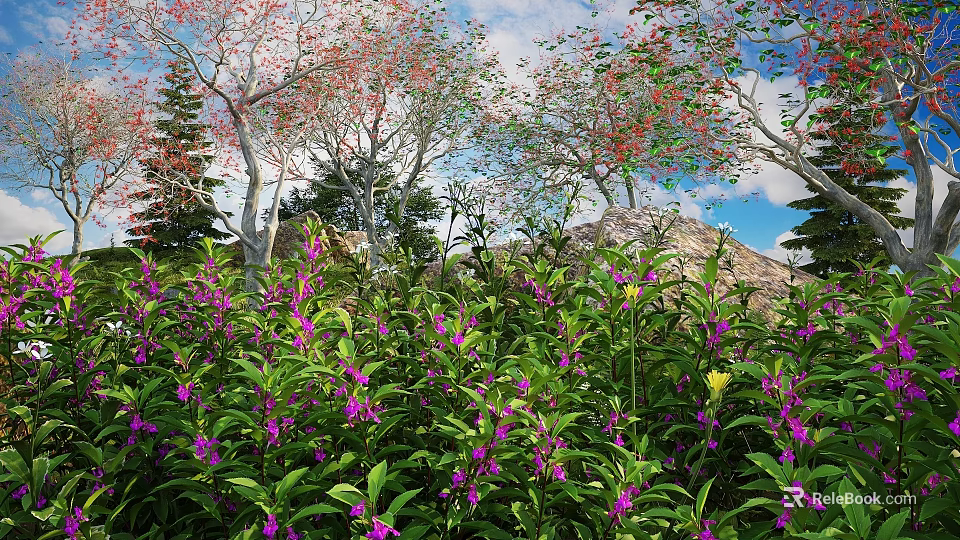 Flowering Bushes with Purple Flowers Green Leaves among Trees under Blue Sky and Distant Hills 3d model 