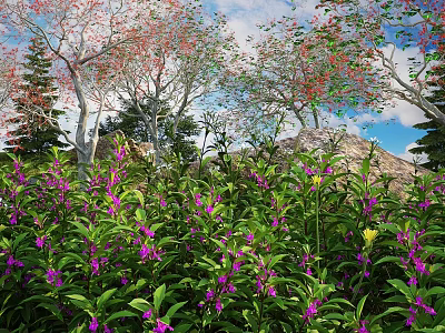 Flowering Bushes with Purple Flowers Green Leaves among Trees under Blue Sky and Distant Hills 3d model
