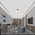 Modern Elegant Living And Dining Room Interior With Marble TV Wall And Comfortable Sofa Set