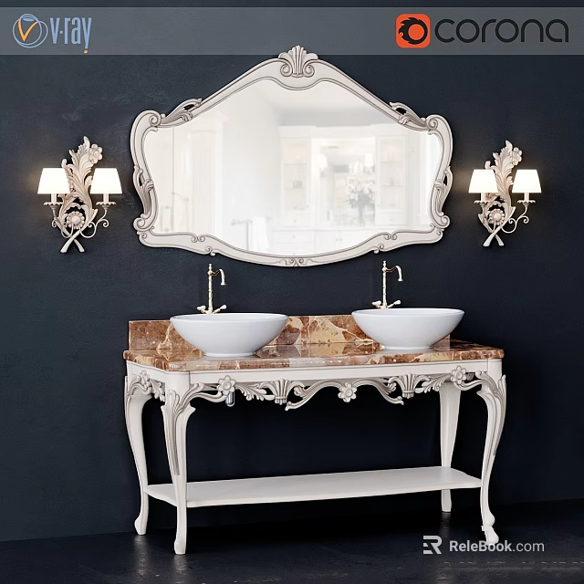 Ornate Double Sink Vanity With Carved Frame Marble Countertop Mirror And Wall Sconces On Dark Background 3d model 