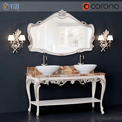 Ornate Double Sink Vanity With Carved Frame Marble Countertop Mirror And Wall Sconces On Dark Background 3d model