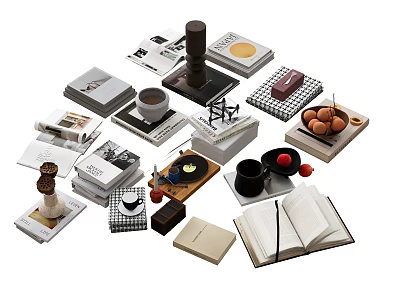 Stylish Books and Magazines Display With Open Book Stacked Books Coffee Cup And Decorative Items 3d model