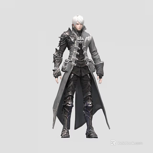 Silver Haired Game Movie Character In Armored Dark Gray Coat With Detailed Armor And Long Robe 3d model 