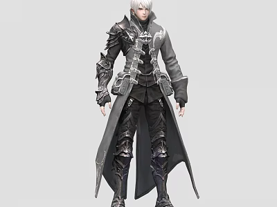Silver Haired Game Movie Character In Armored Dark Gray Coat With Detailed Armor And Long Robe 3d model