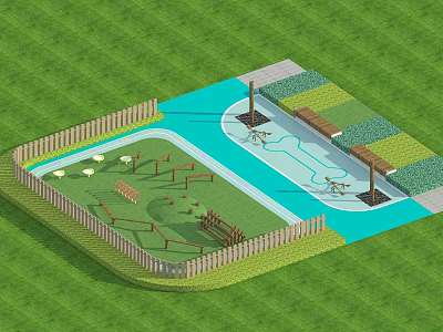 Park Landscape With Green Lawn Wooden Fence Playground Equipment Blue Water Pool And Pathways 3d model