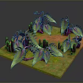 Vibrant 3D Model Plants Featuring Green and Purple Foliage on Green Orange Ground