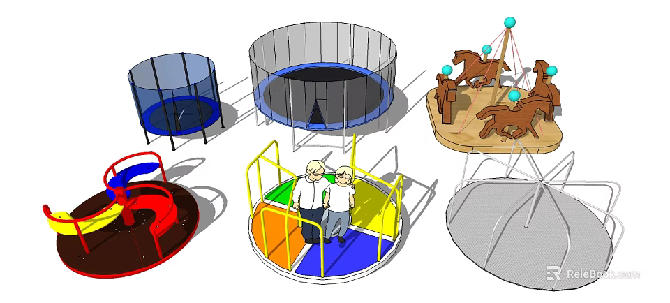 Colorful Outdoor Playground Sports Equipment With Trampolines Swings And Rotating Platforms 3d model 