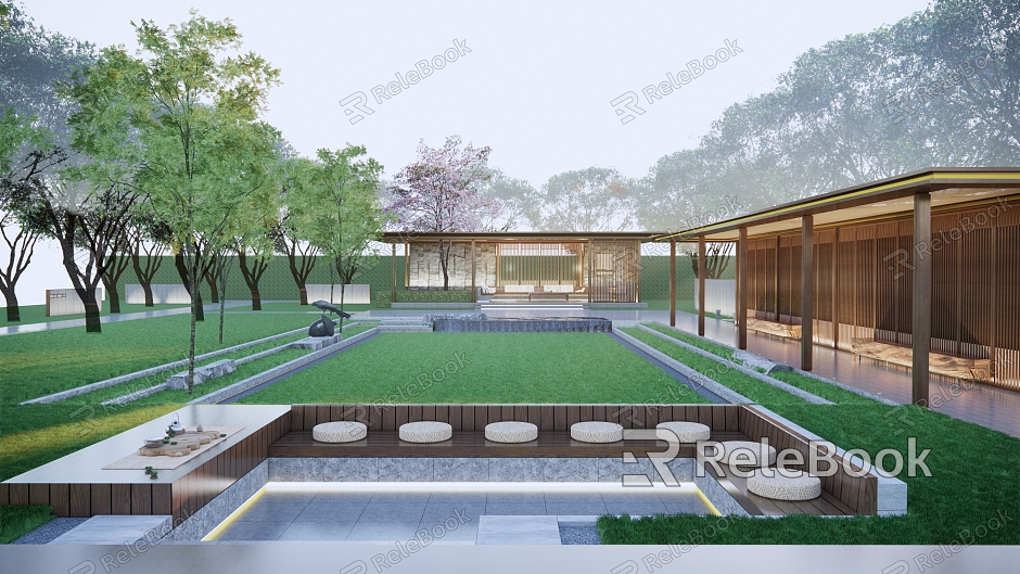 New Chinese style gallery pavilion gallery sunken lawn landscape model