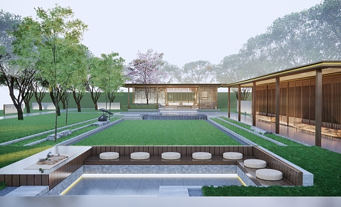 New Chinese style gallery pavilion gallery sunken lawn landscape 3d model