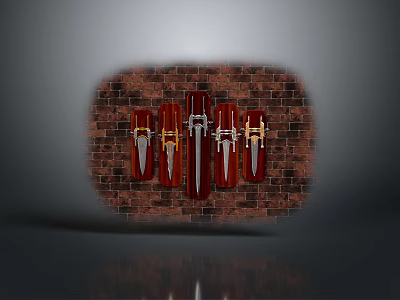 Five Decorative Knives Hung On Brick Wall With Metallic Blades And Red Gold Handles 3d model