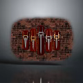 Five Decorative Knives Hung On Brick Wall With Metallic Blades And Red Gold Handles