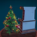 Festive Christmas Scene With Decorated Fireplace Burning Fire Christmas Stockings Tree And Gifts