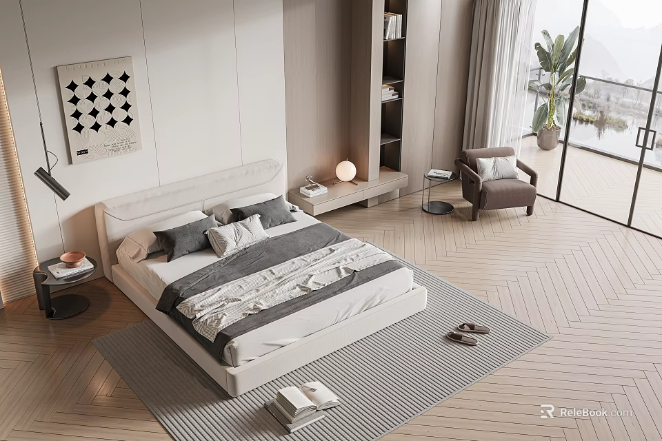Modern Bedroom Interior With Double Bed Gray Bedding Rug Wooden Floor And Wall Art 3d model 